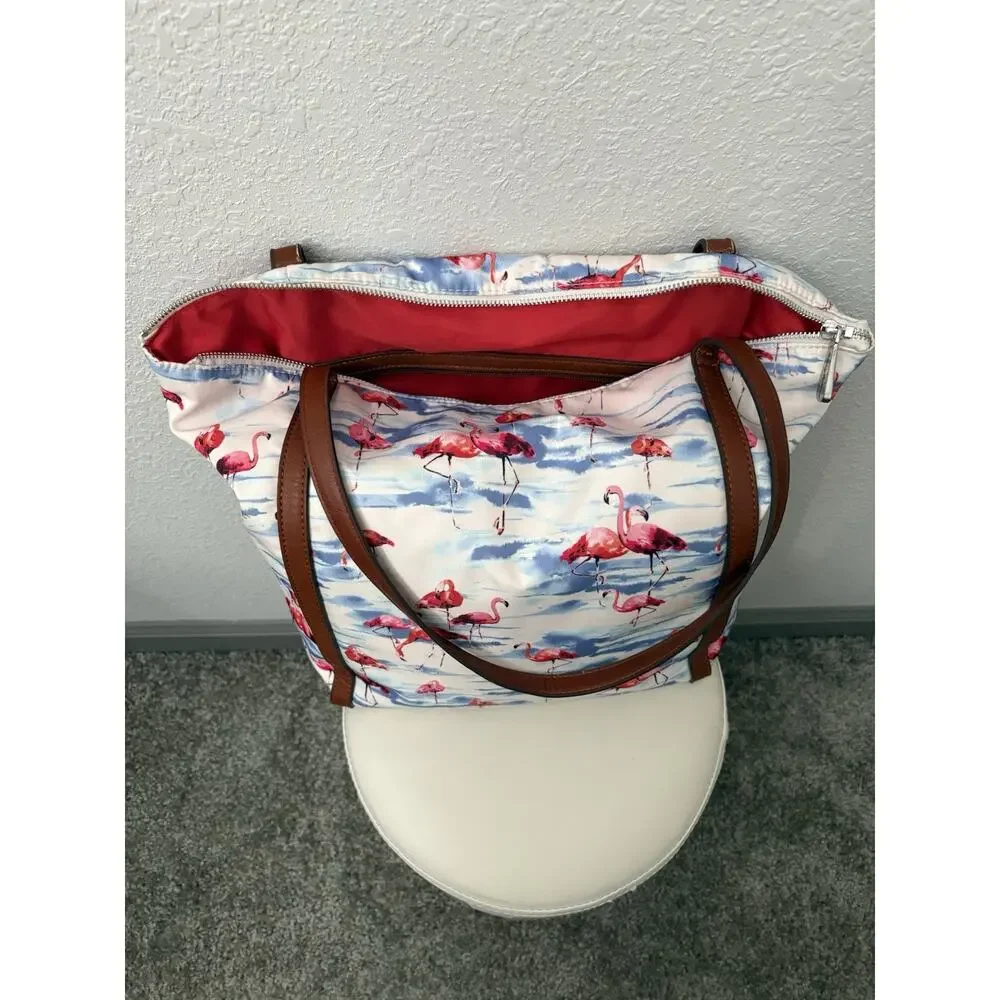 Tommy Bahama Flamingo Tote Bag Brown Faux Leather Straps Zip Top Beach Travel